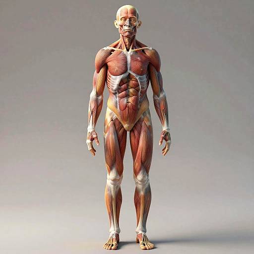 3D CGI anatomical model of a bald, muscular male human, showcasing detailed muscle and bone structure against a plain gray background.