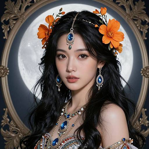 Photograph-style digital art of an Asian woman with long black hair, wearing a flower crown, blue gemstone jewelry, and an intricate necklace, against