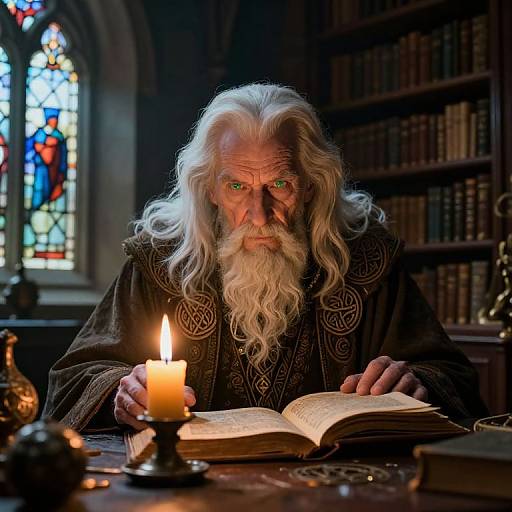 Photograph of an elderly, white-haired wizard with a long beard, green eyes, and ornate dark robe, reading by candlelight in a dim