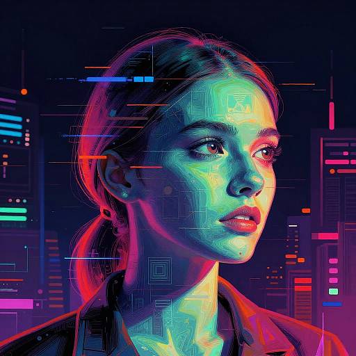 Digital artwork of a woman with glowing neon blue, green, and pink light on her face, against a vibrant cityscape background. Cyberpunk style with