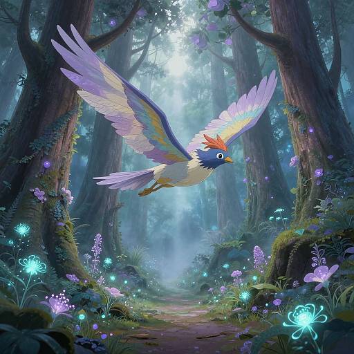 Digital fantasy artwork of a colorful bird with rainbow wings soaring through a mystical forest illuminated by glowing blue and purple flowers.