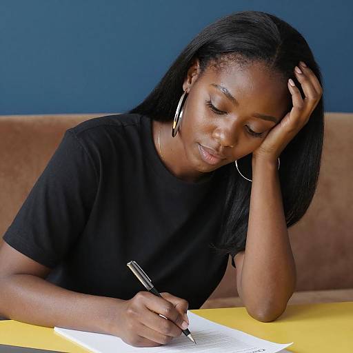 Black Woman Writing on Paper at Desk