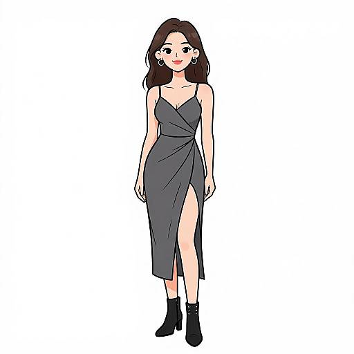Digital illustration of a smiling woman with fair skin, dark brown hair, wearing a black, sleeveless, wrap-style dress with a high slit, and