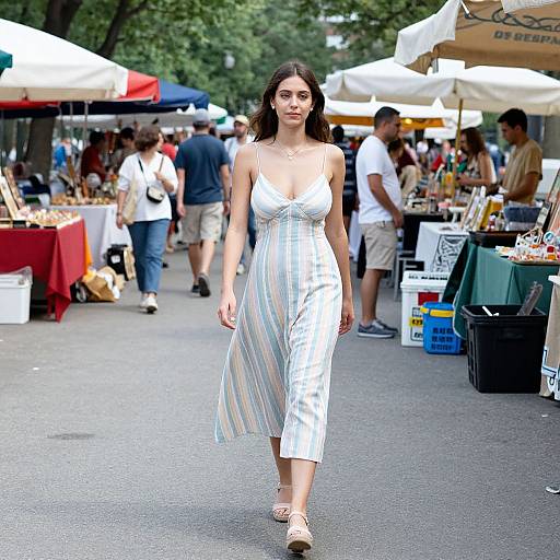 Photograph of a young woman with long dark hair, wearing a white, striped, sleeveless dress and sandals, walking confidently through a bustling outdoor market