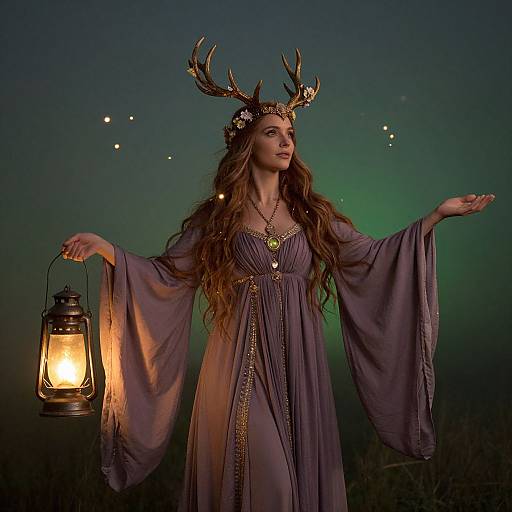 Photograph of a long-haired woman with antlers, wearing a flowing purple dress, holding a lantern, against a green twilight sky.