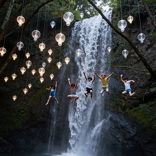 Photograph of four children jumping mid-air below a waterfall, surrounded by hanging glass bulbs, in a lush, forested setting.