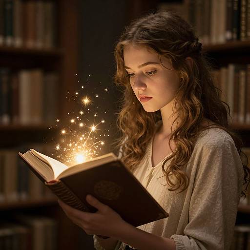 Photograph of a long-haired young woman with wavy brown hair, wearing a white blouse, reading a glowing book with magical sparkles in a dim