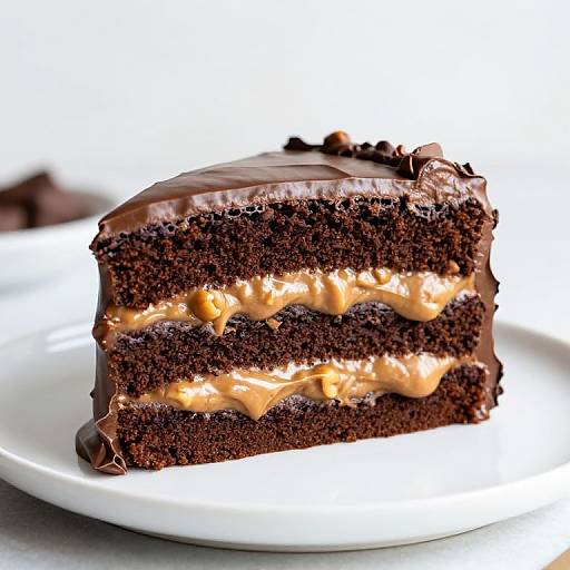 Photograph of a rich, layered chocolate cake slice with creamy caramel filling, topped with chocolate ganache, on a white plate.