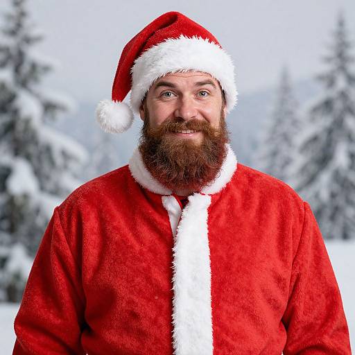 Photograph of a bearded man with light brown skin, wearing a red Santa hat and red Santa jacket with white trim, smiling against a snowy,