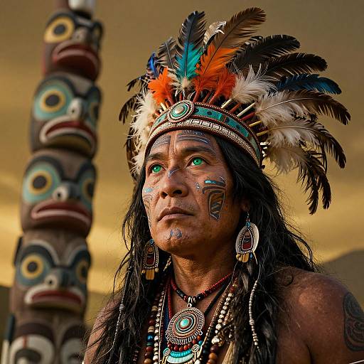 Photograph of a Native American man with green eyes, dark skin, wearing a colorful feathered headdress, intricate face paint, and jewelry, standing