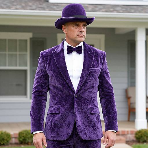 Photograph of a Caucasian man in a purple velvet suit, black bow tie, and matching fedora, standing in front of a gray house.