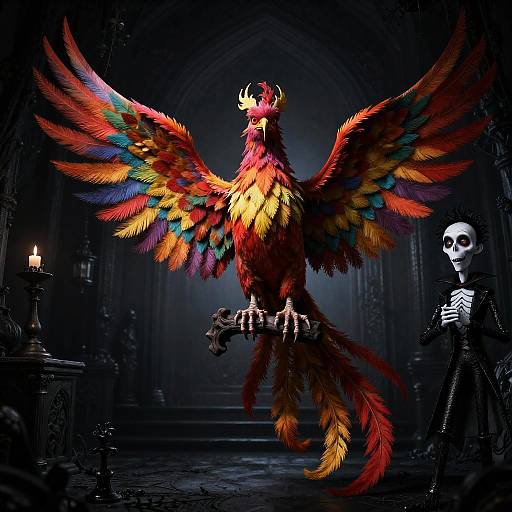 Digital art: Vibrant, multicolored phoenix with fiery feathers, large wings, and sharp claws stands menacingly in a dark, gothic cathedral