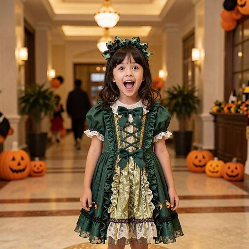 Photograph of a young Asian girl with black hair, dressed in a green Halloween-themed dress, excitedly standing in a warmly lit, pumpkin-decor