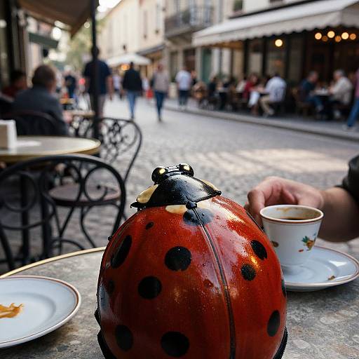 Photograph of a detailed, red, polka-dotted ladybug figurine on a café table in a bustling, cobblestone European street.