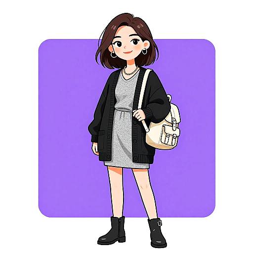 Digital anime-style drawing of a cute young woman with short brown hair, wearing a black cardigan, gray dress, white shoulder bag, black ankle boots