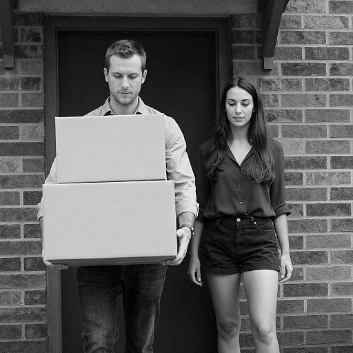 Couple Carrying Boxes by Brick Building Door
