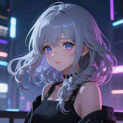 Anime-style digital artwork of a silver-haired, blue-eyed girl with purple highlights, wearing a black top and choker, set against a neon-lit