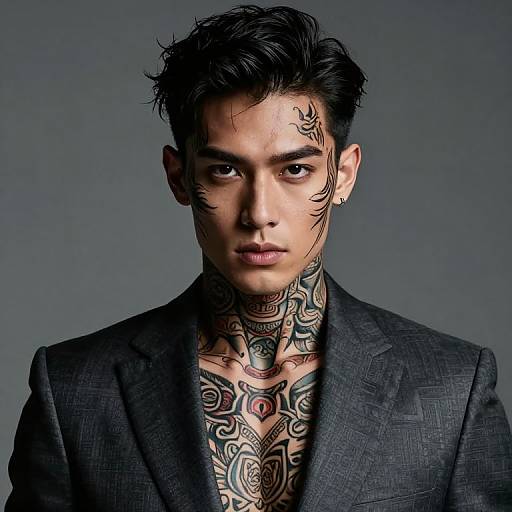 Photograph of a young, tattooed man with dark, messy hair, black suit, and intricate facial and neck tattoos, looking intently at the