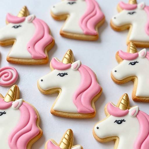 Photograph of decorated unicorn-shaped cookies with pink manes, white icing, gold horns, black eyes, and pink swirls on a white background.