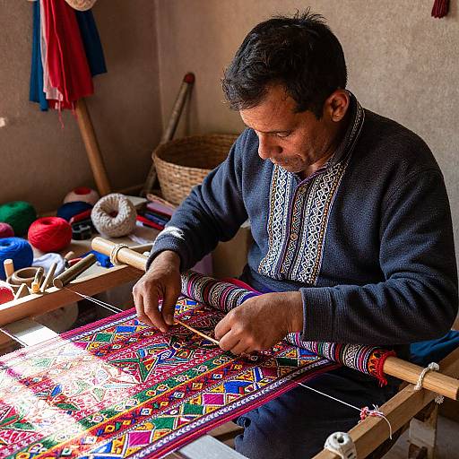 Photograph of a middle-aged man with short black hair, wearing a dark blue embroidered shirt, intently weaving a colorful, intricate textile on a traditional
