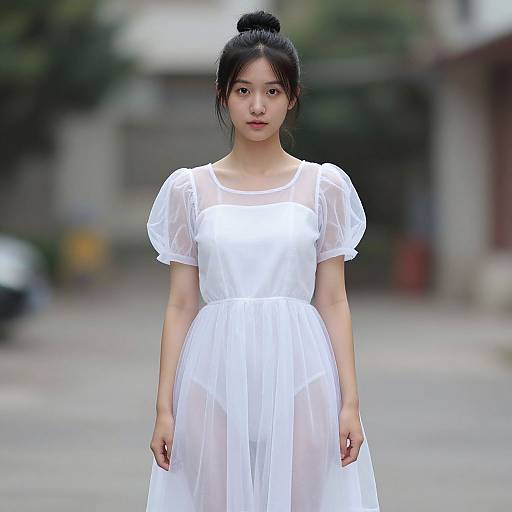 Photograph of an Asian woman with black hair in a bun, wearing a sheer white dress with puffed sleeves, standing in a blurred urban street background