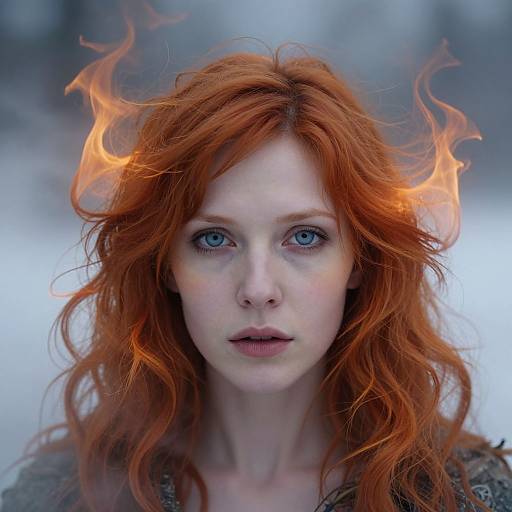 Photograph of a pale-skinned, blue-eyed woman with fiery red hair and flames emerging from her head, set against a blurred, wintery