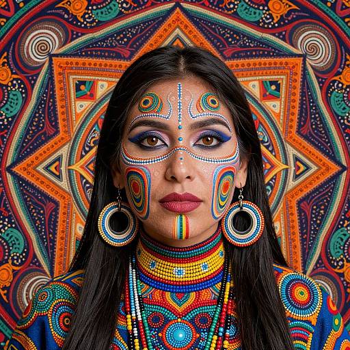 Photograph of a woman with dark hair, colorful face paint, large circular earrings, and vibrant beaded necklace, set against a psychedelic, mandala