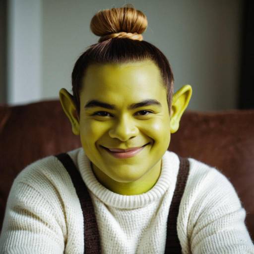 Man in Shrek-inspired Costume with Hair Bun
