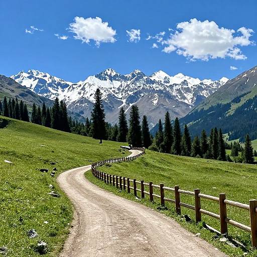 Photograph of a winding dirt path through a lush green meadow, bordered by wooden fences, leading to snow-capped mountain peaks under a bright blue