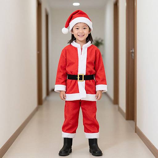 Photograph of a smiling young Asian girl in a red Santa outfit with white trim, black belt, and boots, standing in a bright, narrow hallway