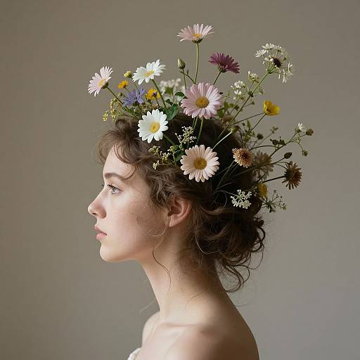 Photograph of a young woman in profile, wearing a floral crown of white, pink, purple, and yellow daisies against a gray background.