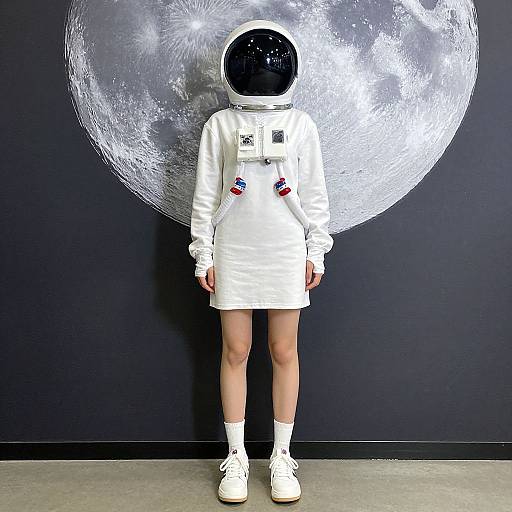 Photograph of person in white astronaut suit with black helmet, standing against black wall with large, detailed white moon.