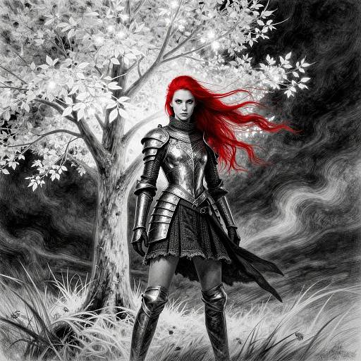 Digital artwork of a fierce warrior woman with red hair, wearing silver armor, standing under a glowing white tree in a black-and-white forest.