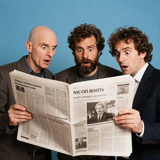 Three Shocked Men Reading a Newspaper