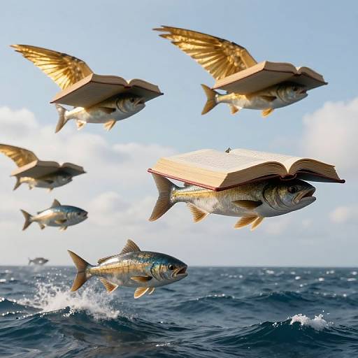 Photograph of five fish with open books flying above ocean waves, under bright blue sky with scattered clouds. Imagery blends surrealism and realism.