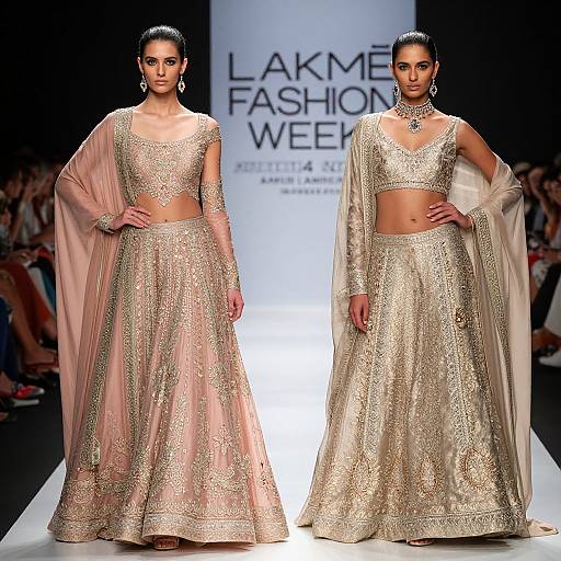 Photograph of two Indian women in gold, heavily-embellished traditional outfits with sheer dupattas, walking a fashion runway. 