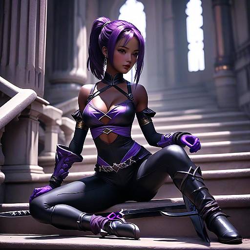 CGI image of a purple-haired woman in a black, shiny, fantasy warrior outfit with purple gloves and boots, sitting on stone stairs in a dim