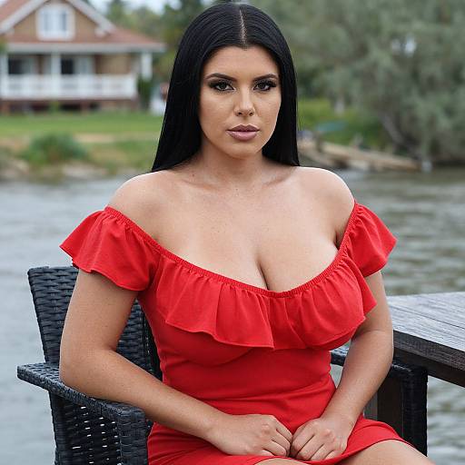 Photograph of a fair-skinned woman with long black hair, wearing a red off-shoulder dress, sitting by a river, with a house