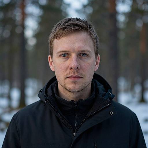Photograph of a serious, fair-skinned man with short brown hair, wearing a black hooded jacket, standing in a snowy forest.