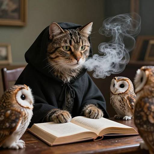 Photograph of a tabby cat in a black hood smoking, with three owls and an open book on a wooden table.