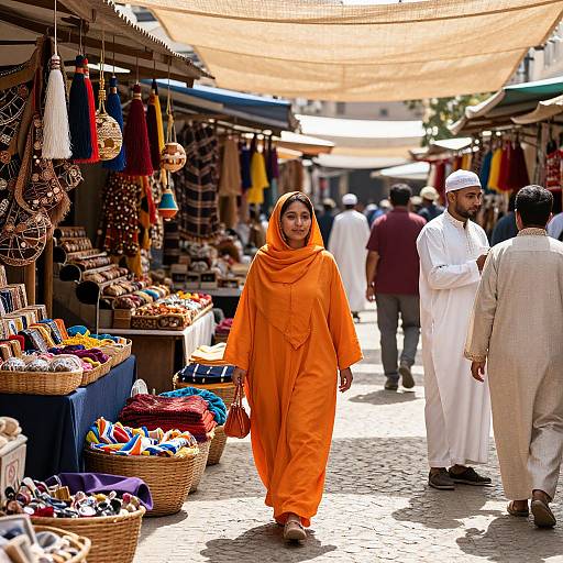 Photograph of a colorful Middle Eastern market: woman in bright orange hijab walks past vendors' stalls, surrounded by men in traditional white robes.