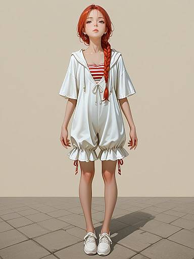 Photograph of a young girl with red hair in a braid, wearing a white, loose, sailor-style dress with red stripes and white sneakers,