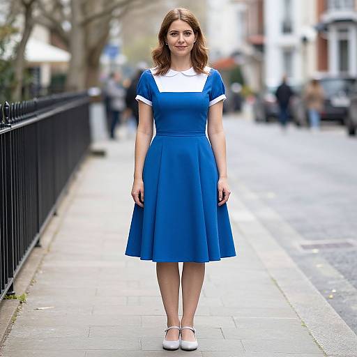 Photograph of a young woman with light brown hair, wearing a blue dress with white collar and short sleeves, standing on a city sidewalk, blurred background