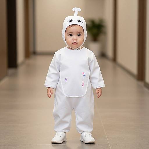 Photograph of a baby with light skin, wearing a white onesie with a cute animal hood, standing in a hallway.