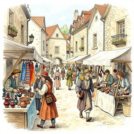 Colorful, detailed illustration of a bustling medieval market street with vendors selling pottery, customers in period clothing, and stone buildings with red roofs.