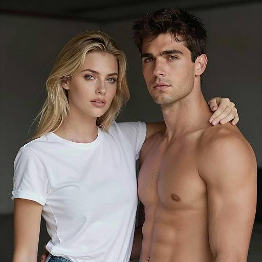Couple Portrait with Shirtless Man and Woman in White T-shirt