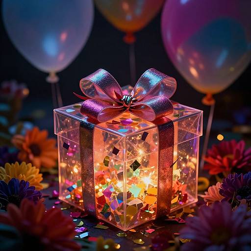 Photograph of a glowing, transparent gift box with pink and silver ribbons, illuminated by colorful lights, surrounded by vibrant flowers and floating balloons in a