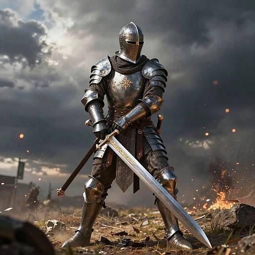 Photograph of a silver-armored knight with a sword, standing defiantly amidst a battlefield with dark clouds and scattered embers.