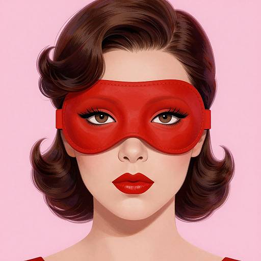 Digital illustration of a fair-skinned woman with dark, wavy hair, wearing a vibrant red mask and matching red lipstick, against a white background.