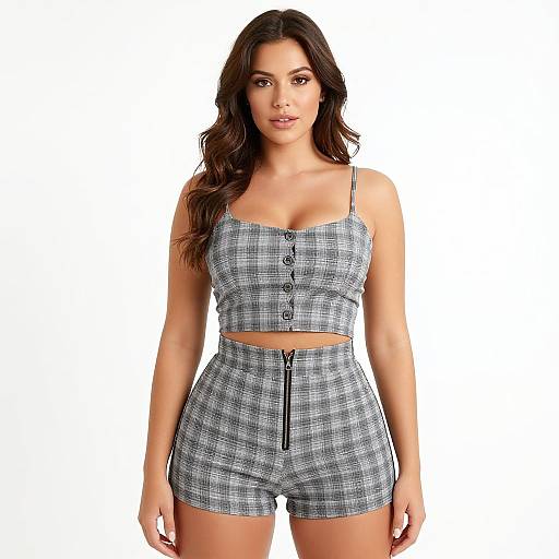 Photograph of a brunette woman with wavy hair wearing a gray plaid crop top and matching high-waisted shorts with a black zipper. White